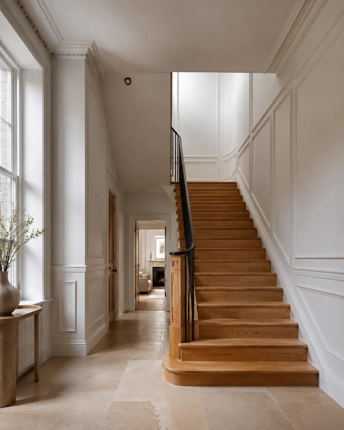 Illustrative finished townhouse hallway with an oak staircase and painted wall panelling