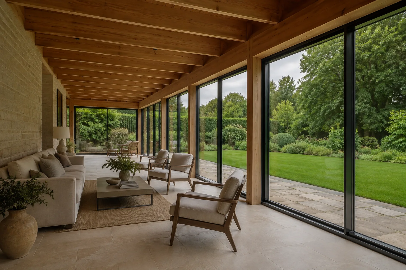 Illustrative interior with oak, limestone and full-height glazing