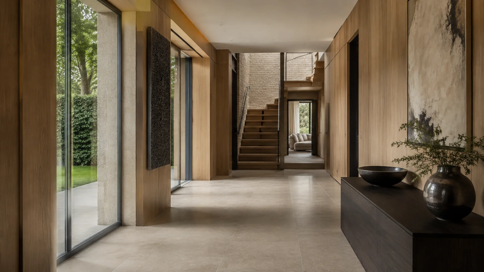 Illustrative oak and limestone interior with full-height glazing
