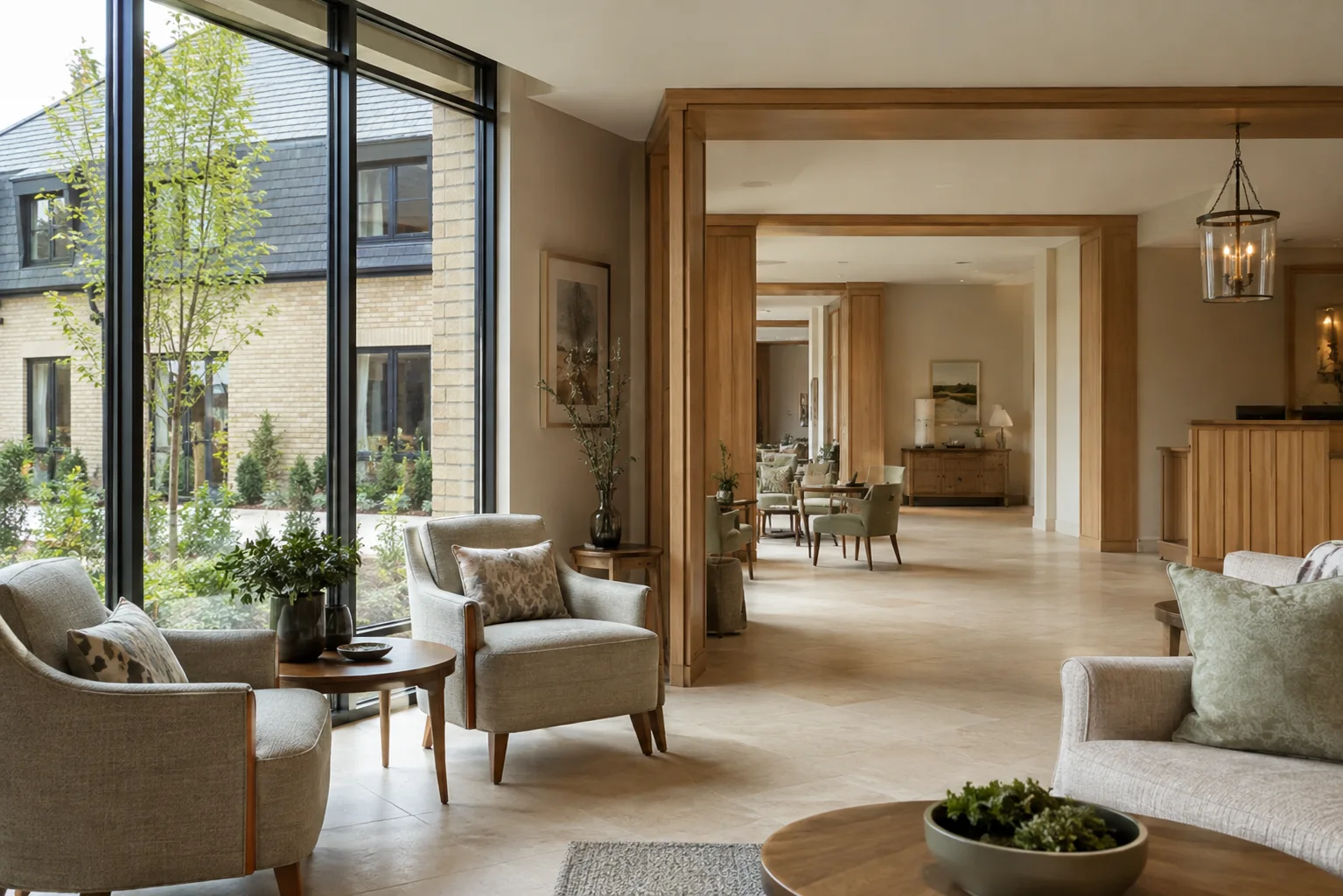 Illustrative accessible communal lobby with seating