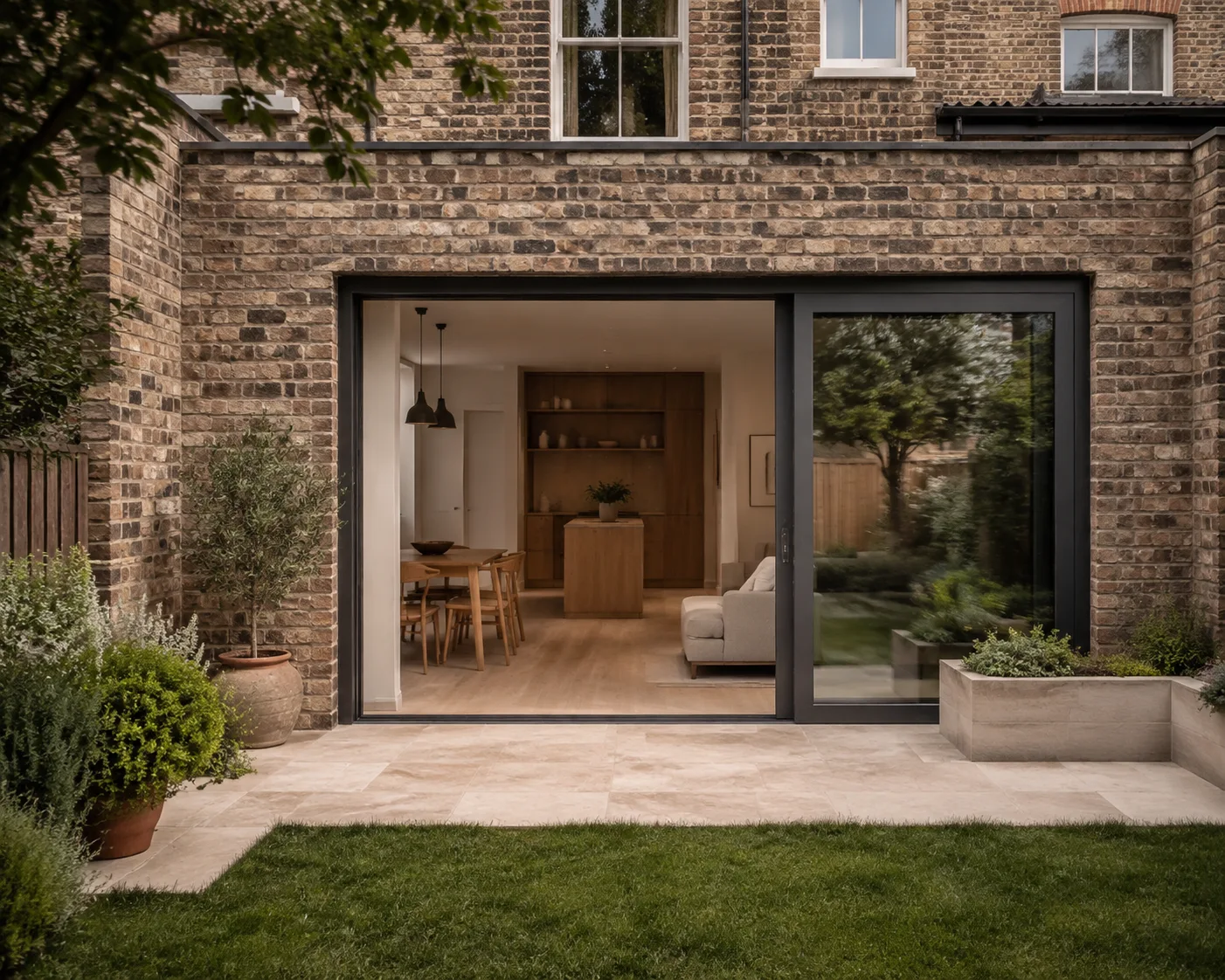 Illustrative brick rear extension opening onto a garden terrace
