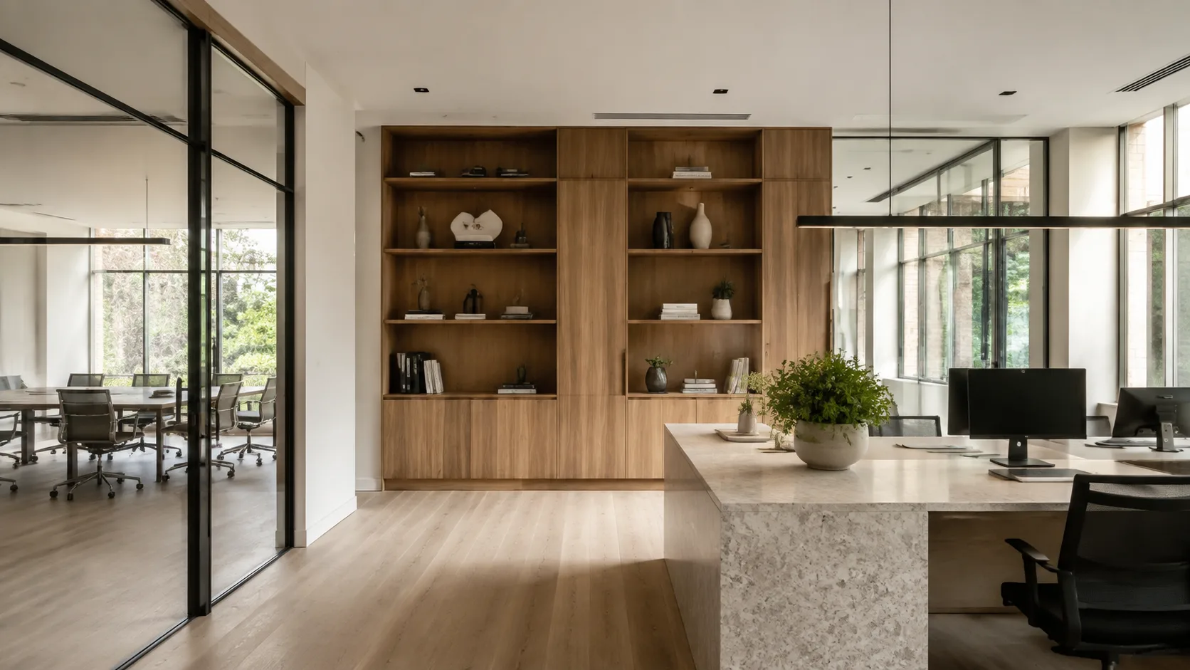 Illustrative contemporary workplace with oak and glass finishes