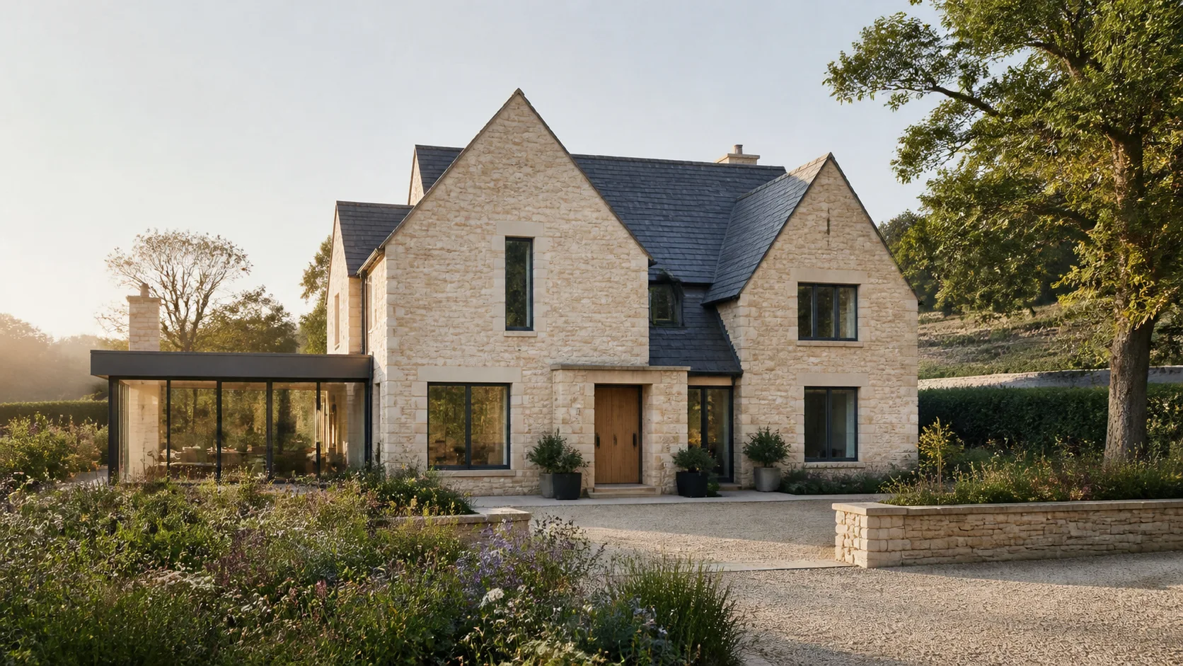 Illustrative Cotswold stone home with a glazed wing and planted garden