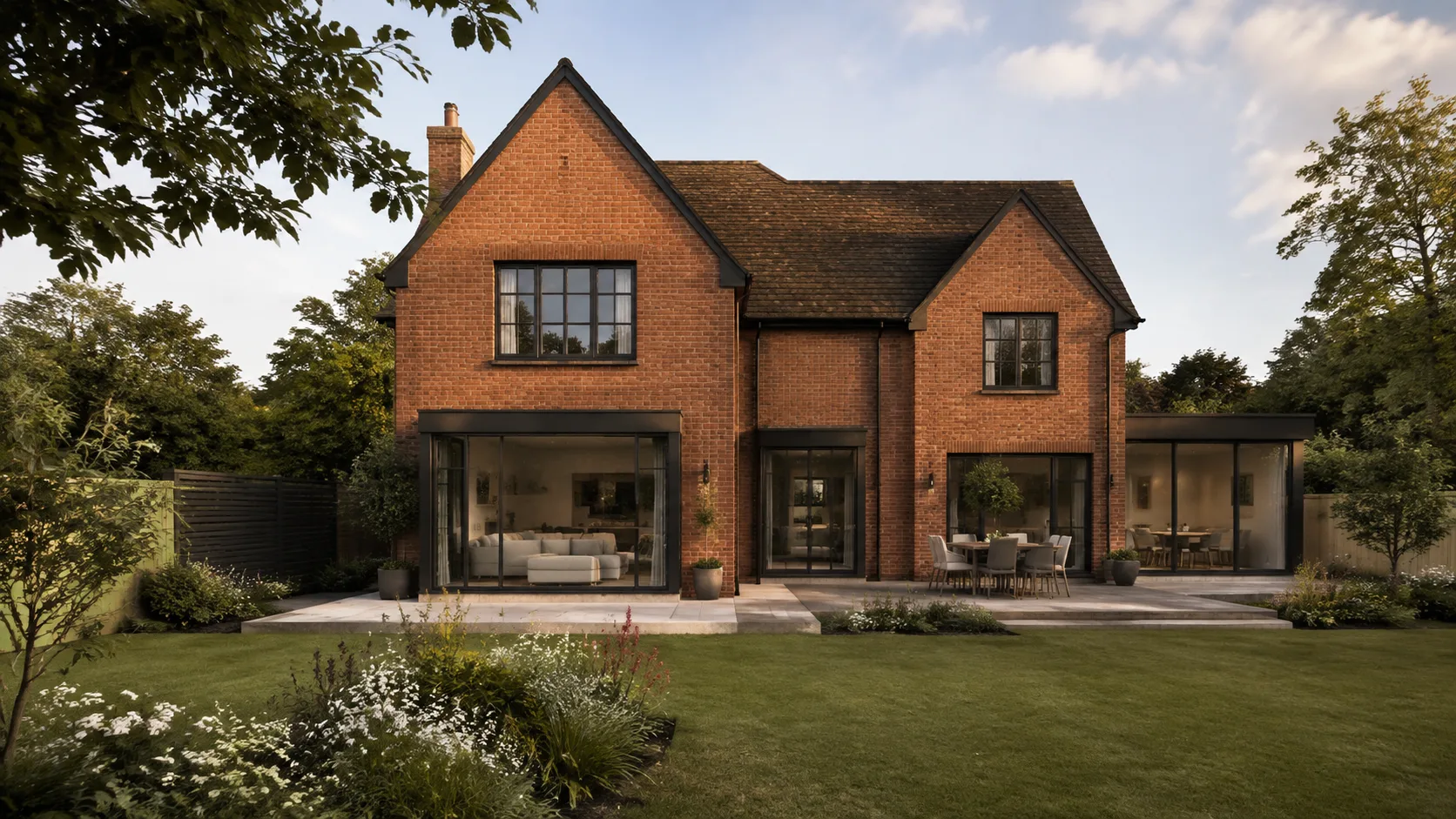 Illustrative British brick home with a landscaped garden