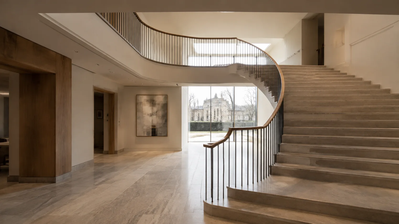 Illustrative double-height cultural building with an architectural staircase